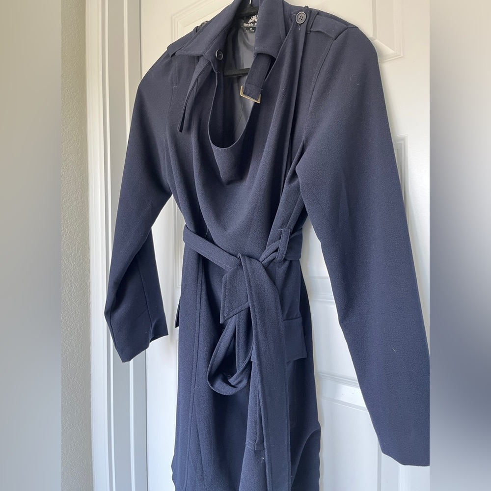 Double Zero navy jacket Coat Trench Sz S Blue Drape Front, Buckle Detail Belted
